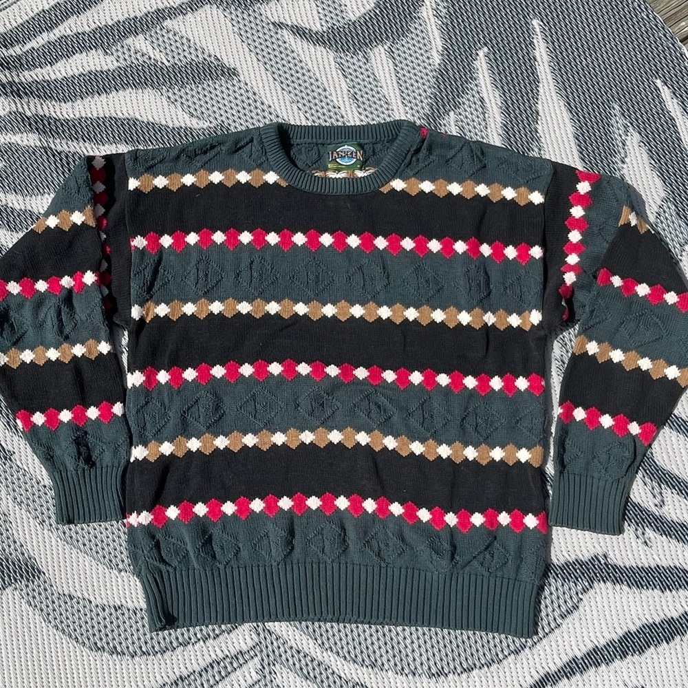 VTG Jantzen Sweater Mens Multicolor Diamond Pattern Knit Grandpa Sz M Crew Neck